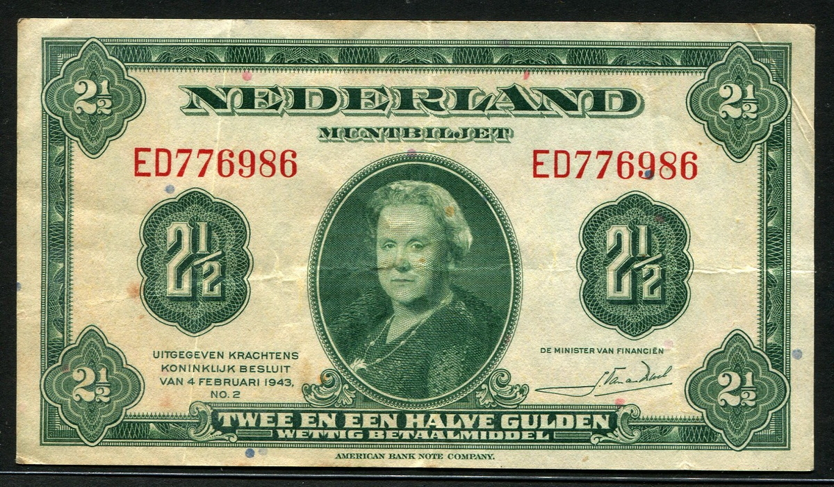 네덜란드 Netherlands 1943 2 1/2 Gulden P65 미품