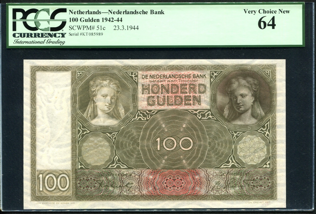 네덜란드 Netherlands 1942-1944 100 Gulden P51c PCGS 64 미사용