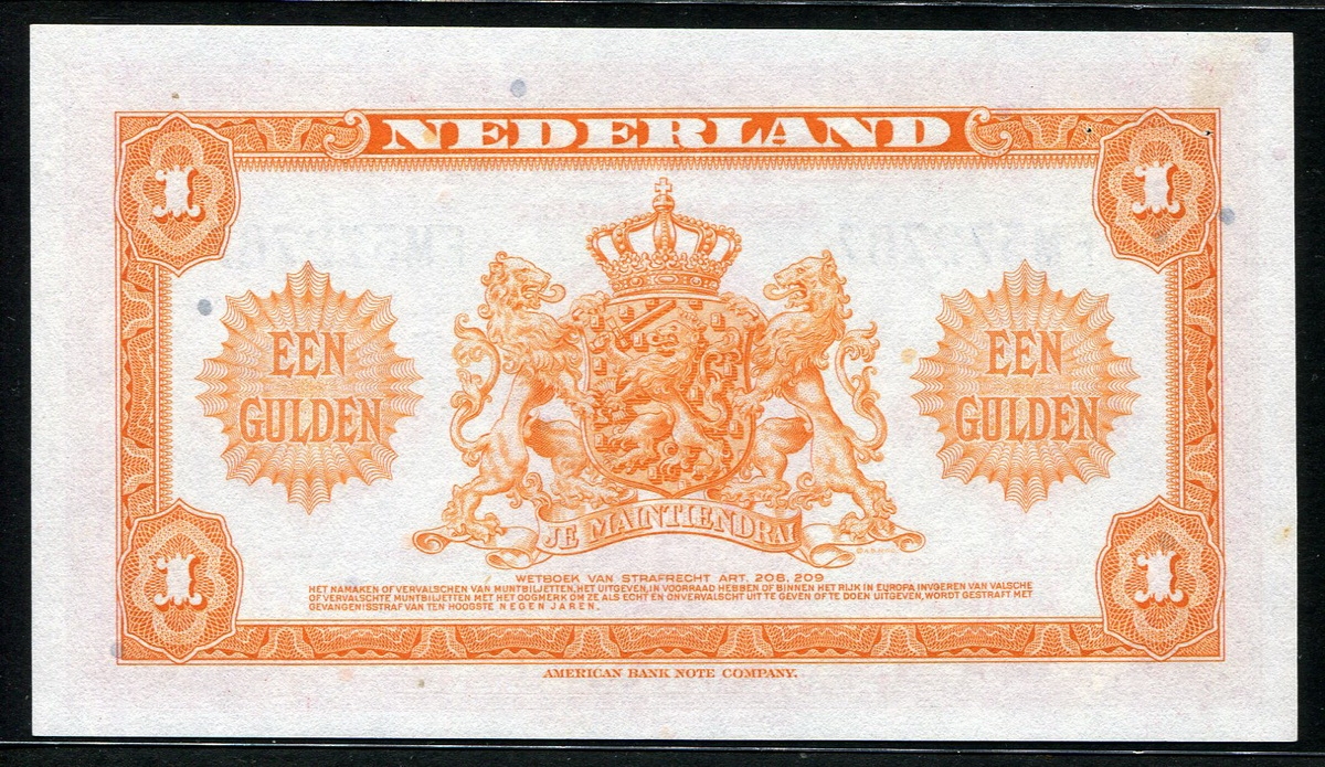 네덜란드 Netherlands 1943 1 Gulden, P64 준미사용 (2개 핀홀)