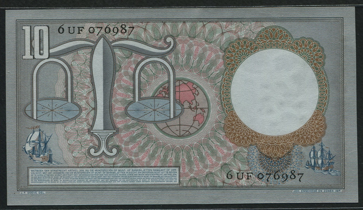 네덜란드 Netherlands 1953 10 Gulden P85 미사용