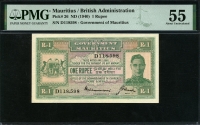 모리셔스 Mauritius 1940 1 Rupee P26 PMG 55 준미사용