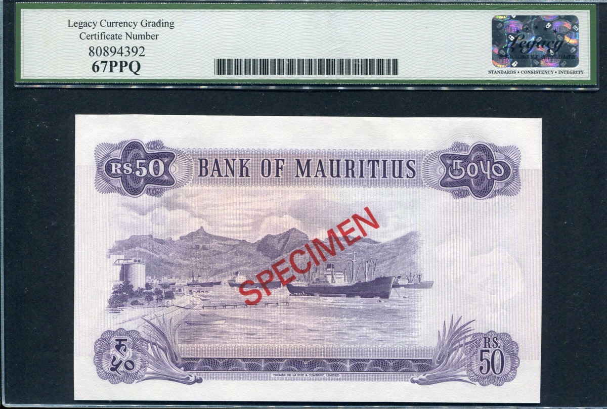 모리셔스 Mauritius 1967 Collector Specimen 50 Rupees,P33cs,Legacy 67 PPQ 페펙트 미사용