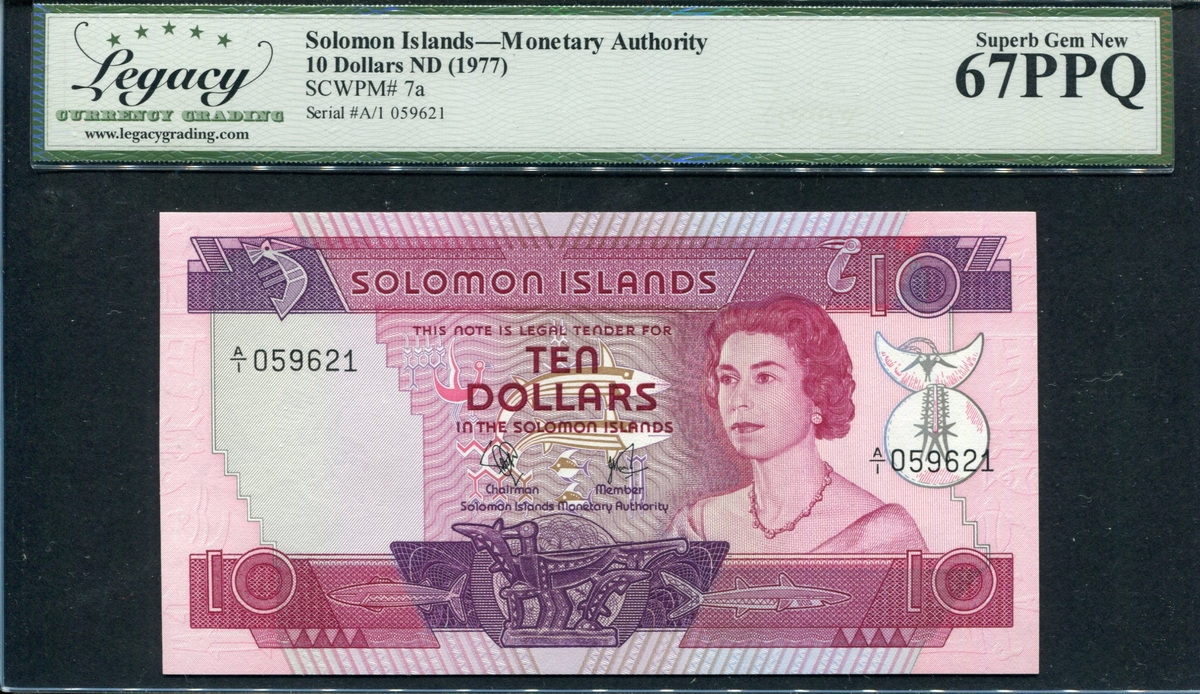 솔로몬 Solomon Islands 1977 10 Dollars P7a Legacy 67 PPQ Superb 완전미사용
