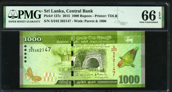 스리랑카 Sri Lanka 2015 1000 Rupees P127c  PMG 66 EPQ 완전미사용
