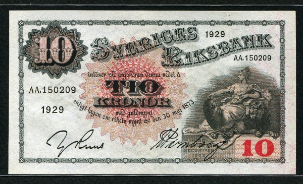 스웨덴 Sweden 1929 10 Kronor Prefix P34l 준미사용