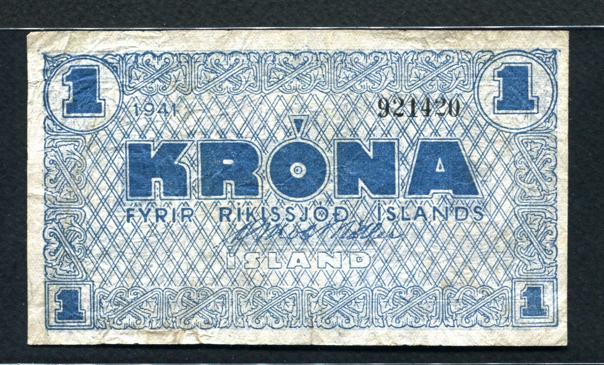 아이슬란드 Iceland 1941(1946) Emergency WW II Issue 1 Króna P22l 미품