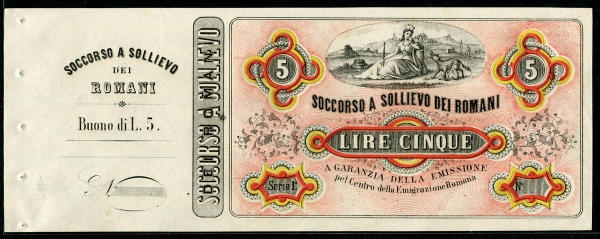 이탈리아 Italian States ( Italy ) 1867 Soccorso a Sollievo Dei Ronami 5 Lire Garibaldi 263x100mm 미사용