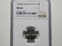 스위스 1967 B 1/2 Francs 은화 NGC MS 66 완전미사용 ( KM-23, 2.50 g  83.5% 은화 18.2mm)