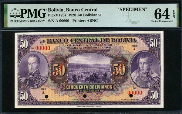 볼리비아 Bolivia 1928, Specimen 50 Bolivianos, P123s, PMG 64 EPQ 미사용