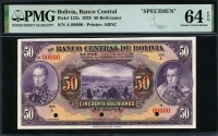 볼리비아 Bolivia 1928, Specimen 50 Bolivianos, P123s, PMG 64 EPQ 미사용