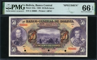 볼리비아 Bolivia 1928, Specimen 50 Bolivianos, P124s, PMG 66 EPQ 완전미사용