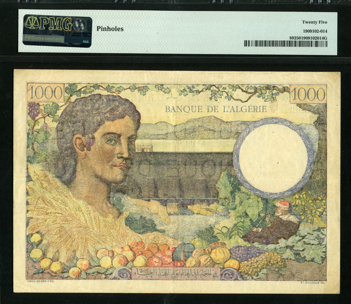 알제리 Algeria 1942 1000 Francs, P89, PMG 25 미품 (핀홀)