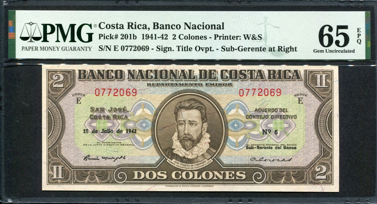 코스타리카 Costa Rica 1941-1942, 2 Colones, P201b, PMG 65 EPQ 완전미사용