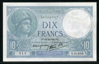 프랑스 France 1940, 10 Francs, P84, 미사용 (뒷면 클립자국)