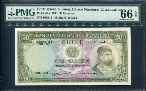 포르투갈령 기니 Portuguese Guinea 1971년 100 Escudos,P45,PMG 66 EPQ 완전미사용
