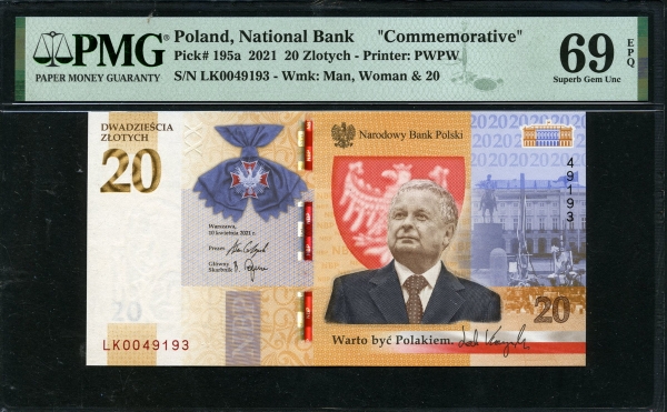 폴란드 Poland 2021 기념 20 Zlotych P195a, PMG 69 EPQ 고등급 완전미사용