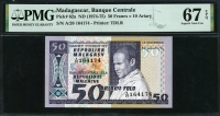 마다가스카르 Madagascar 1974-1975 50 Francs ( 10 Ariary ) P62a PMG 67 EPQ Superb 완전미사용