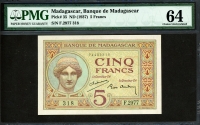 마다가스카르 Madagascar 1937 5 Francs, P35, PMG 64 미사용
