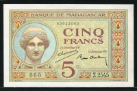 마다가스카르 Madagascar 1937 5 Francs, P35, 미사용- (테두리노랑얼룩)
