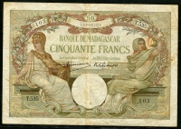 마다가스카르 Madagascar 1937-1947 50 Francs, P38, 미품 (핀홀)