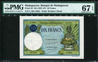 마다가스카르 Madagascar 1937-1947 10 Francs,P36 PMG 67 EPQ Superb 완전미사용
