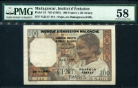 마다가스카르 Madagascar 1961 100 Francs (20 Ariary), P52, PMG 58 준미사용