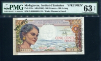마다가스카르 Madagascar 1966 500 Francs( 200 Ariary ), Specimen, P58s, PMG 63 NET (Previously  Mounted) 미사용