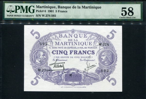 마르티니크 Martinique 1901, 5 Francs, P6, PMG 58 준미사용 핀홀