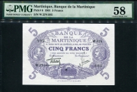 마르티니크 Martinique 1901, 5 Francs, P6, PMG 58 준미사용 핀홀