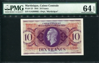 마르티니크 Martinique 1944 10 Francs, P23, PMG 64 EPQ 미사용