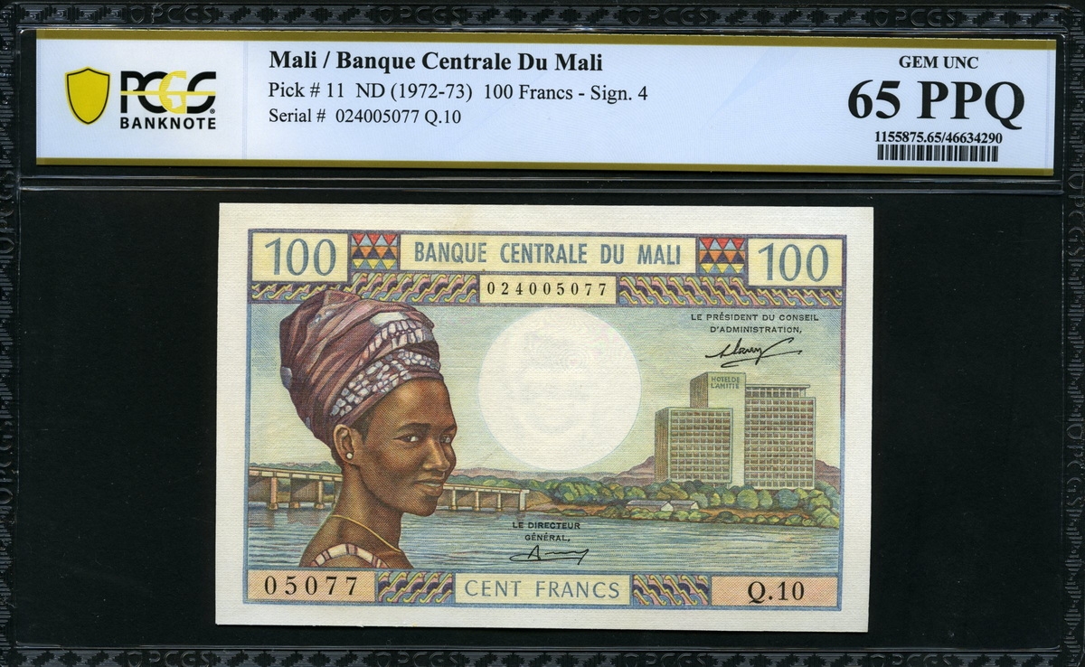말리 Mali 1972-1973 100 Francs P11 PCGS 65 PPQ 완전미사용
