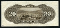 멕시코 Mexico 1902-1910 Banco De Hidalgo 20 Pesos S307r2 미사용