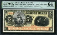 멕시코 Mexico 1902-1914 Banco De Hidalgo 5 Pesos S305d PMG 64 EPQ 미사용
