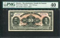 멕시코 Mexico 1915 Revolutionary, Estado de Sonora 10 Pesos,S1073,PMG 40 극미품