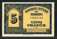 모로코 Morocco 1943-1944 5 Francs, P24, 미사용 (테두리점)