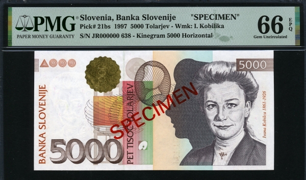 슬로베니아 Slovenia 1997 5000 Tolarjev P21bs Specimen PMG 66 EPQ 완전미사용