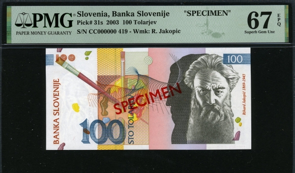 슬로베니아 Slovenia 2003 100 Tolarjev P31s Specimen PMG 67 EPQ Supberb 완전미사용