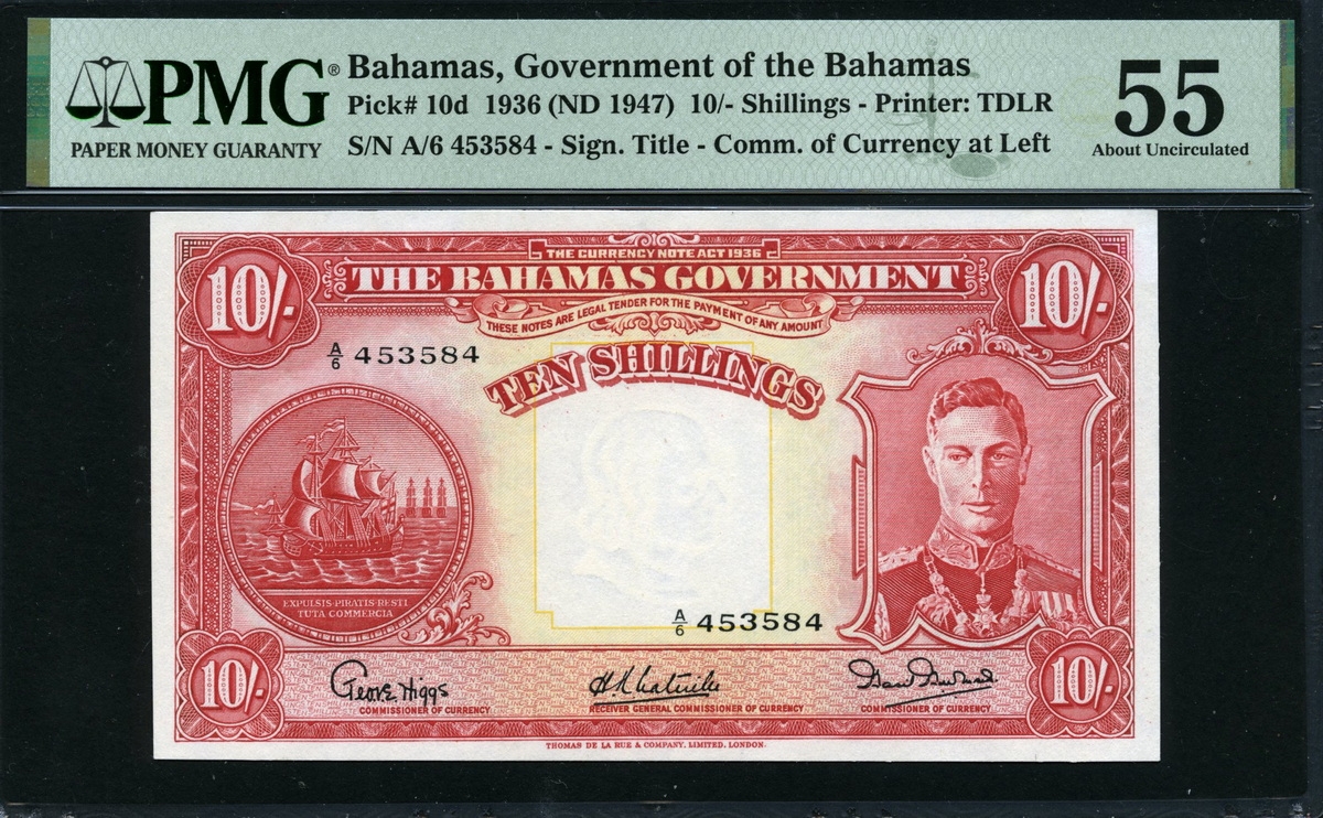 바하마 Bahamas 1936 10 Shillings P10d PMG 55 준미사용