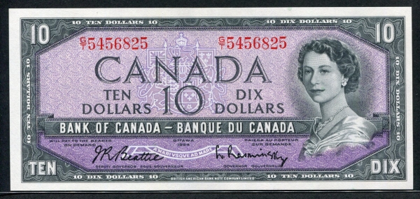 캐나다 Canada 1954 10 Dollars P79b Signature Beattie-Rasminsky 미사용