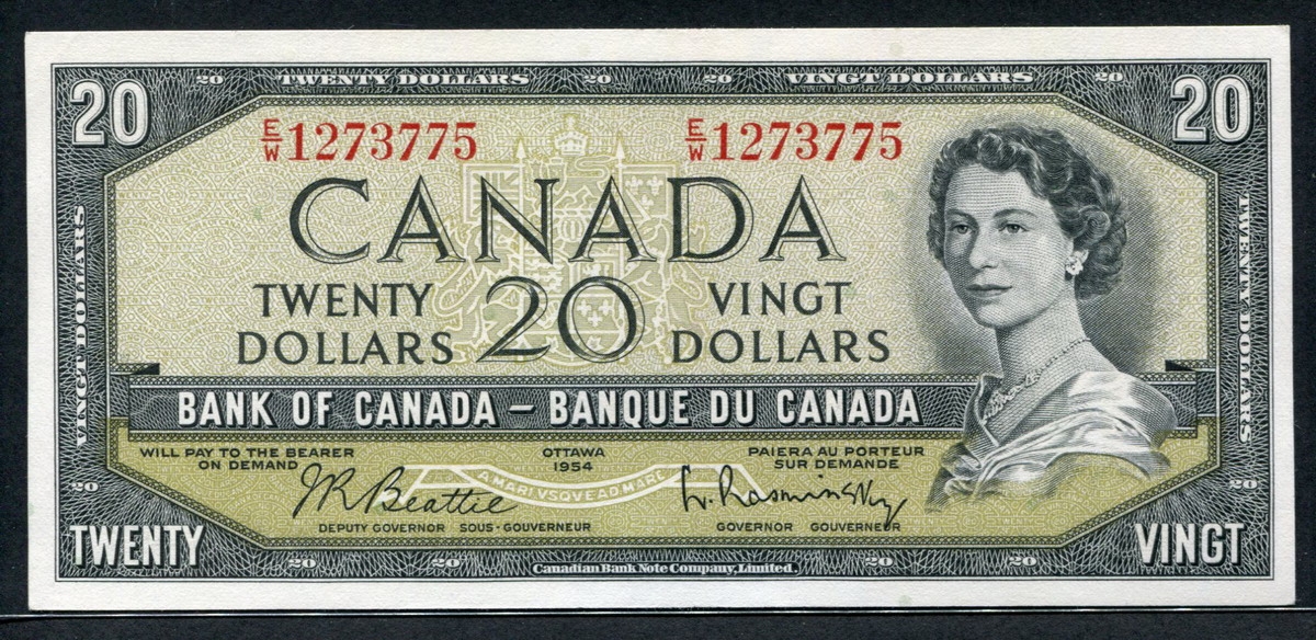 캐나다 Canada 1954 20 Dollars P80b Signature Beattie-Rasminsky 극미품