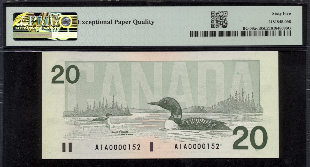 캐나다 Canada 1991 20 Dollars BC-58a-ii 🎁 빠른번호 152번 PMG 65 EPQ 완전미사용
