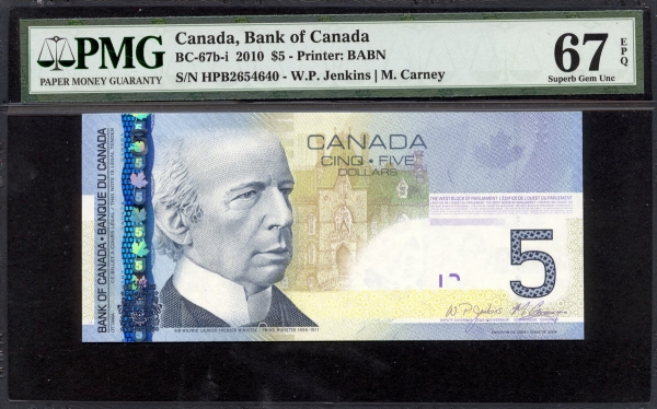 캐나다 Canada 2010 5 Dollars BC-67b-i PMG 67 EPQ Superb 완전미사용
