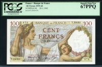 프랑스 France 1942 100 Francs P94 PCGS 67 PPQ Superb 완전미사용