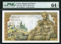 프랑스 France 1942-1944 1000 Francs P102 PMG 64 EPQ 미사용