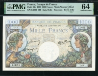프랑스 France 1944 1000 Francs, P96c,PMG 64 미사용 (얼룩)