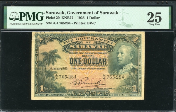 사라와크 Sarawak 1935 1Dollar, P20, PMG 25 미품 ( (Minor Edge Damage )