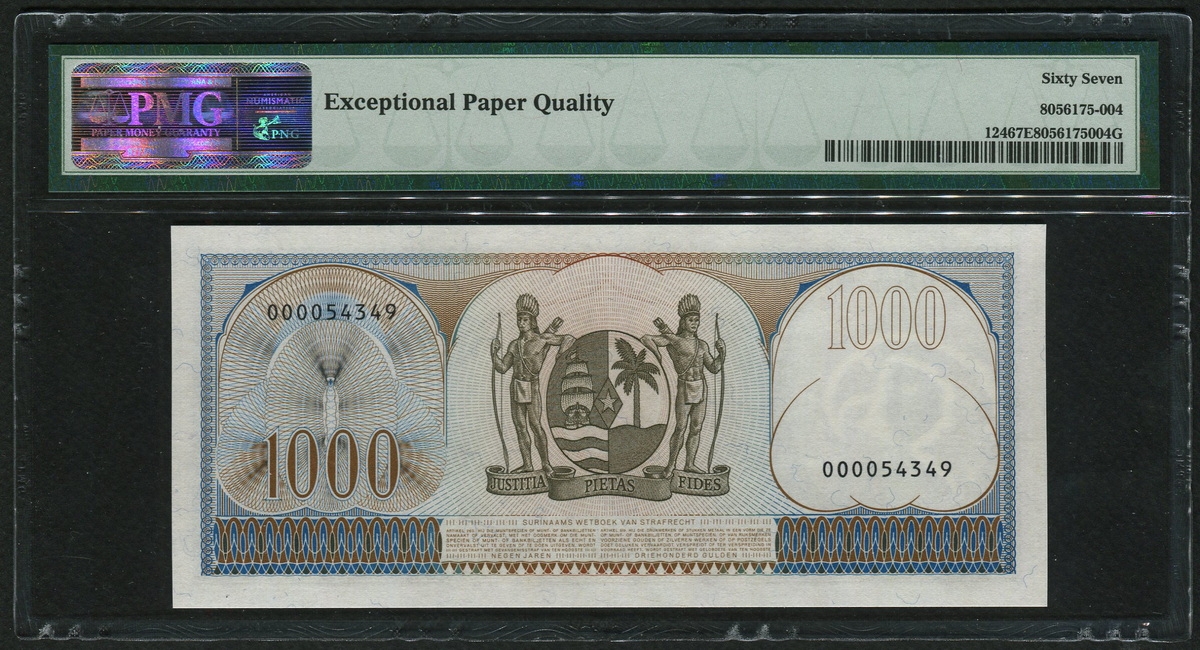 수리남 Suriname 1963 1000 Gulden, P124, PMG 67 EPQ Superb 완전미사용