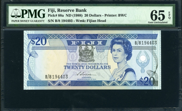 피지 Fiji 1988 20 Dollars P88a PMG 65 EPQ 완전미사용