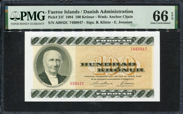 페로제도 Faeroe Islands 1994 100 Kronur,P21f,PMG 66 EPQ 완전미사용