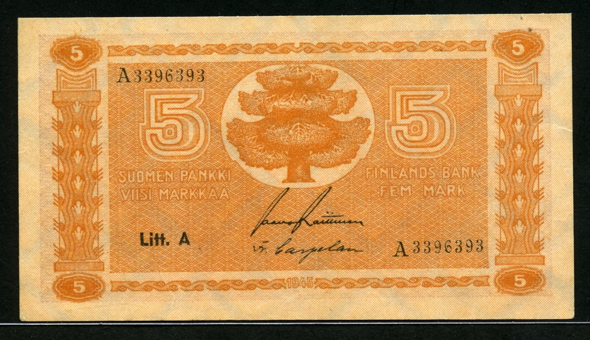 핀란드 Finland 1945 5 Markkaa,P76a,Litt.A, 준미사용